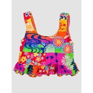 Girls Neon Patchwork Floral Tankini Top Size 5  Bright Retro Ruffle Swim Top